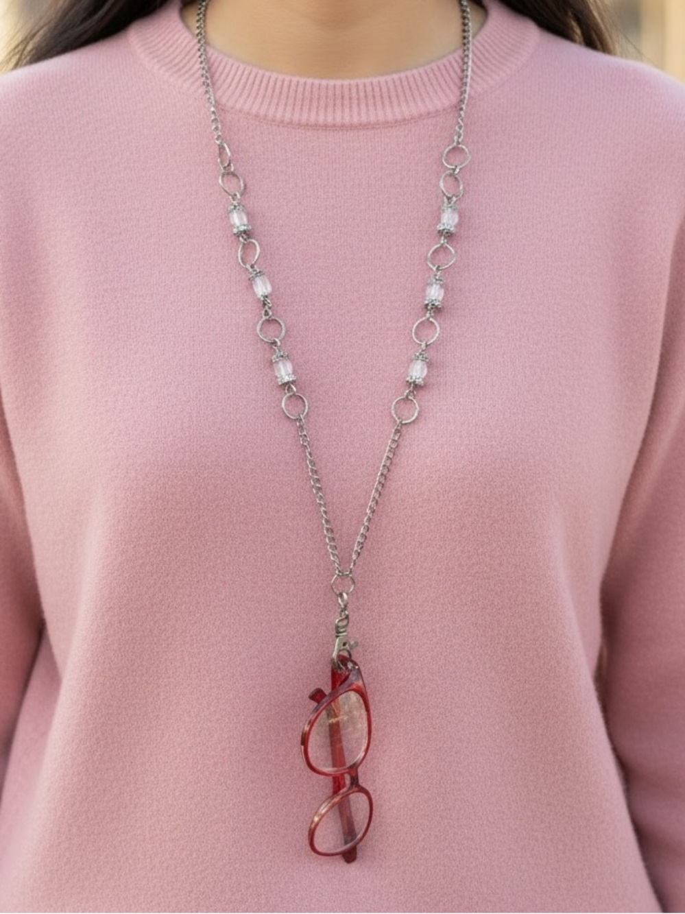 SILVER BEADED LANYARD NECKLACE Crystal Bead ID Badge & Glasses Holder Clip